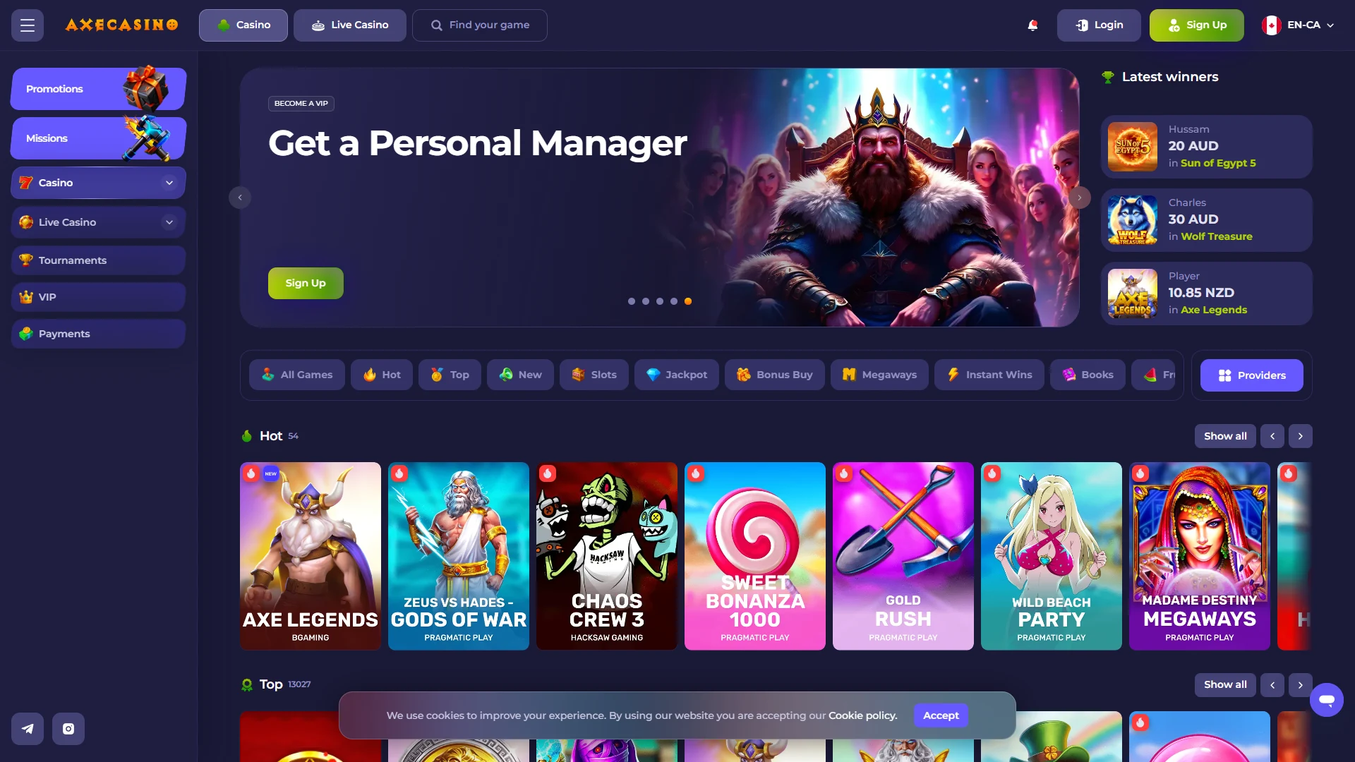 Axe casino lobby on desktop