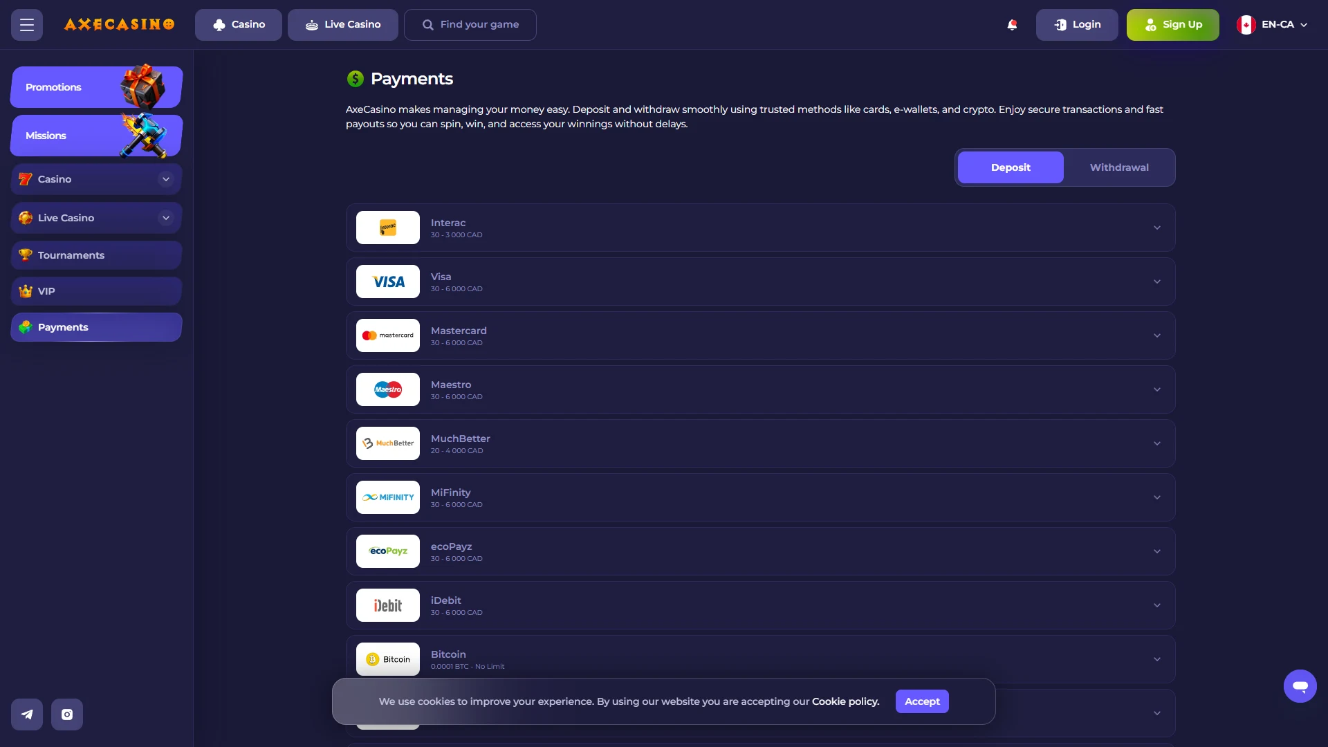 Axe cashier: deposit and withdrawal options